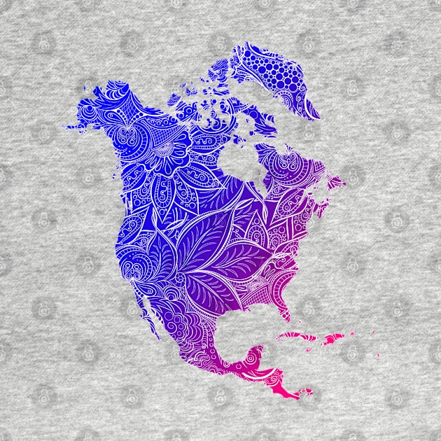 Colorful mandala art map of North America with text in blue and violet by Happy Citizen